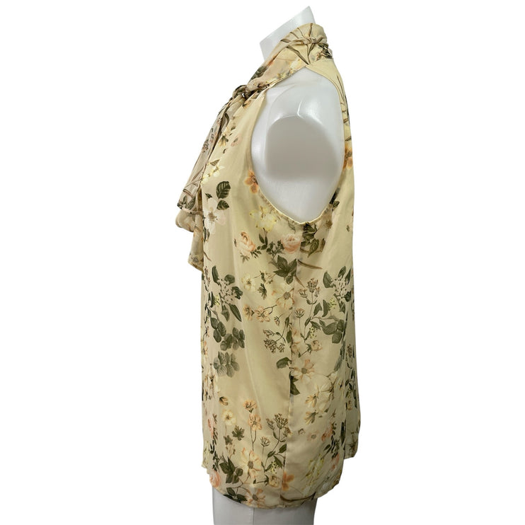 Calvin Klein Womens Yellow Green Floral Sleeveless Halter Tie Neck Blouse Top M