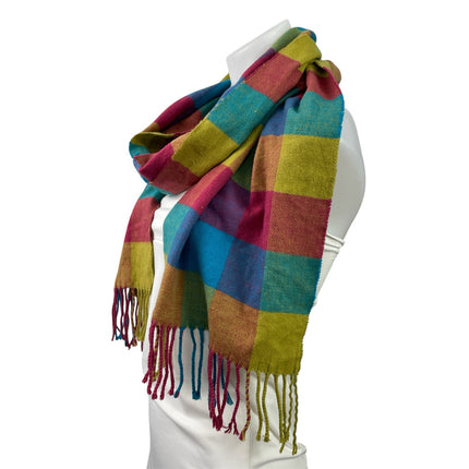 Women's Multicolor 100% Cashmere Rainbow Check Fringe Wrap Neck Scarf Size OS