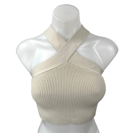 Aritzia Babaton Sculpt Beige Ribbed Knit Cross Strap Sleeveless Crop Tank Top XS