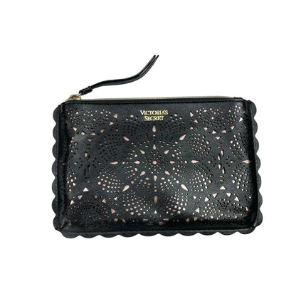 Victoria's Secret Black Laser Cut Leather Scalloped Night Out Wristlet Purse