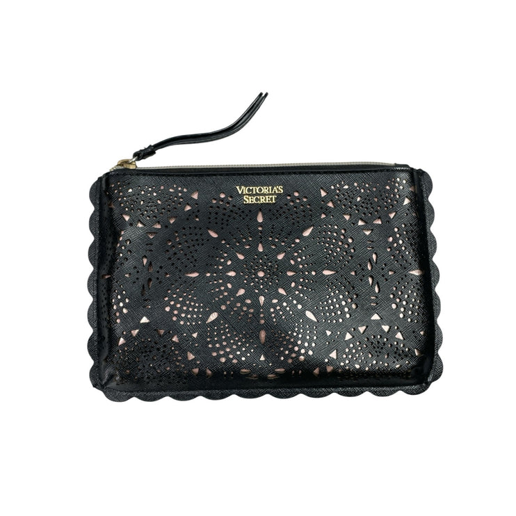 Victoria's Secret Black Laser Cut Leather Scalloped Night Out Wristlet Purse