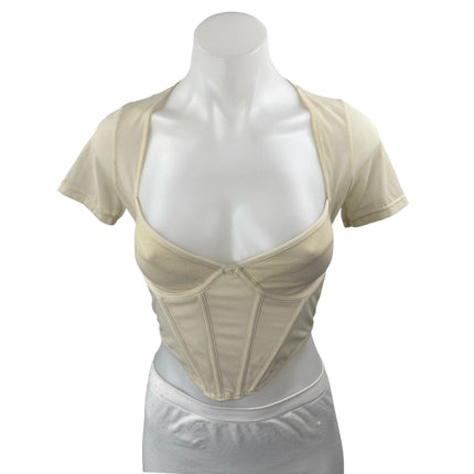 Glassons Cream Beige Short Sleeve Corset Bustier Cutout Mesh Crop Top Size S