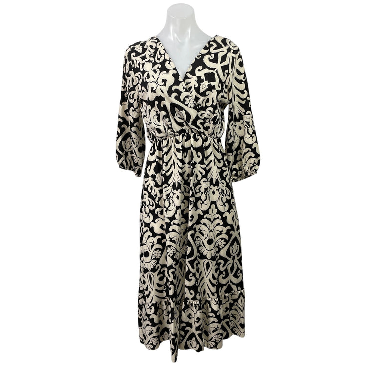 Zuiki Black White Tapestry Print 3/4 Sleeve V Neck Faux Wrap A Line Midi Dress S