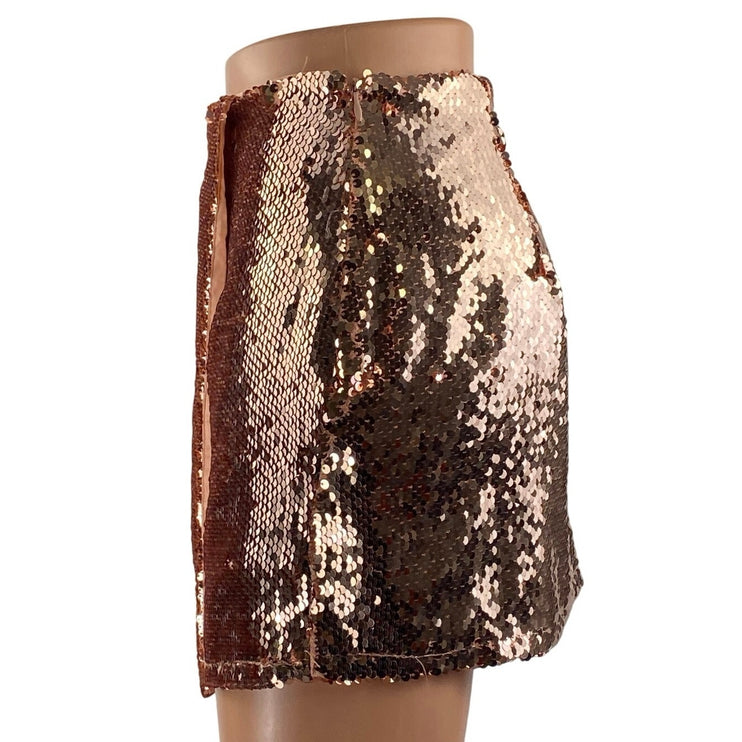 Superdown Sonya Rose Gold Sequin High Waisted Surplice Faux Wrap Mini Skirt XS