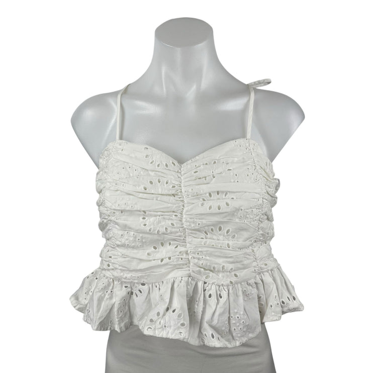 Zara White Embroidered Eyelet Sleeveless Ruched Peplum Cami Tank Crop Top Size M