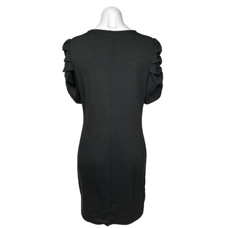 Nine West Black Ribbed Knit V-Neck Short Ruched Sleeve Mini Sheath Dress Size M
