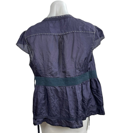 Jaloux 100% Silk Smocked Cap Sleeve Tie Waist Tunic Peplum Cardigan Blouse Top L