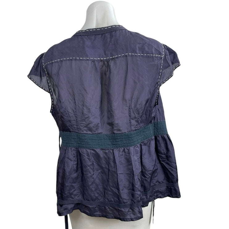 Jaloux 100% Silk Smocked Cap Sleeve Tie Waist Tunic Peplum Cardigan Blouse Top L