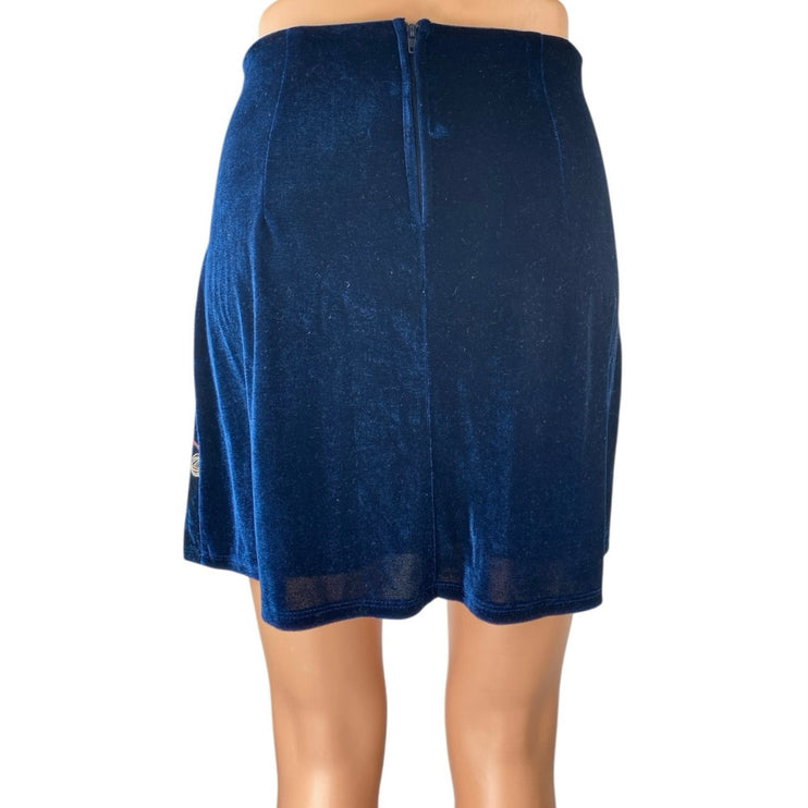 Mi Ami Women's Blue Floral Velvet Velour High Waist Zipper Mini A-Line Skirt M