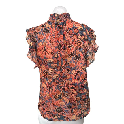Elie Tahari Orange Blue Floral Dots Turtleneck Smocked Ruffle Blouse Top Size XS