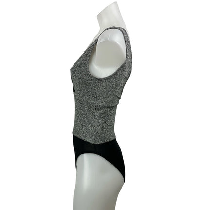 Zara Black Silver Metallic Thread Sleeveless Knit Lurex V-neck Bodysuit Top Sz S