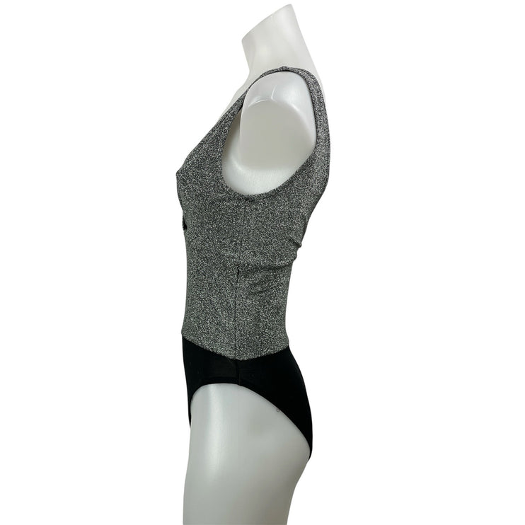 Zara Black Silver Metallic Thread Sleeveless Knit Lurex V-neck Bodysuit Top Sz S