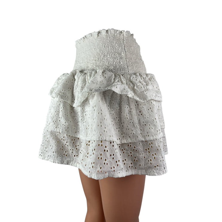 Lolli White Smocked Embroidered Eyelet Tiered Ruffle High Waist Mini Skirt Sz M