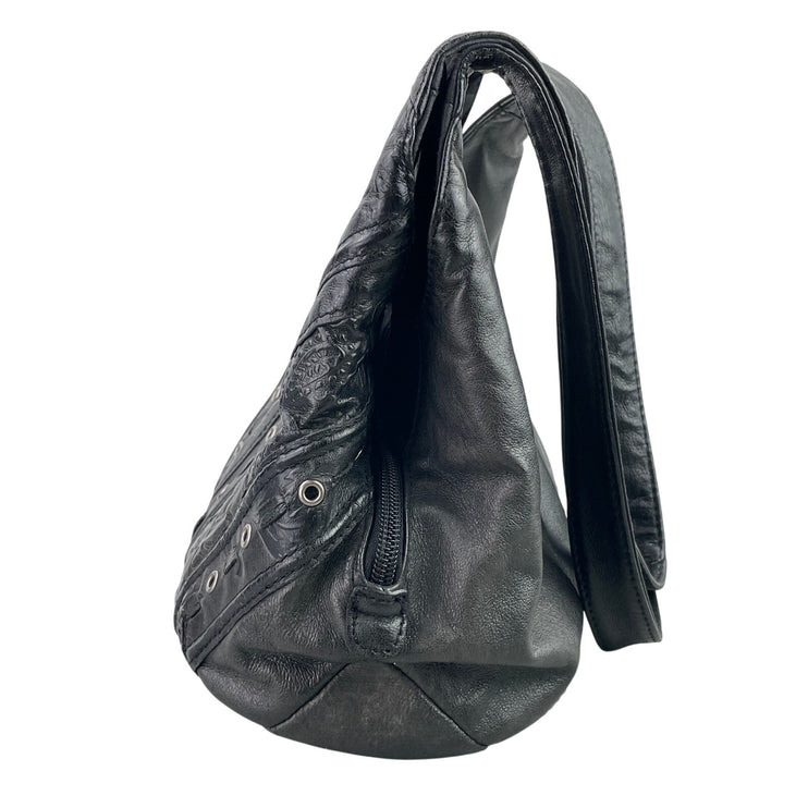 Cabin Creek Womens Black 100% Leather Studded Boho Shoulder Snap Hobo Handbag OS
