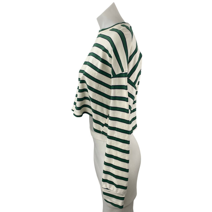 All The Ways Women's Green White Striped Long Sleeve Boxy T Shirt Tee Top Size S