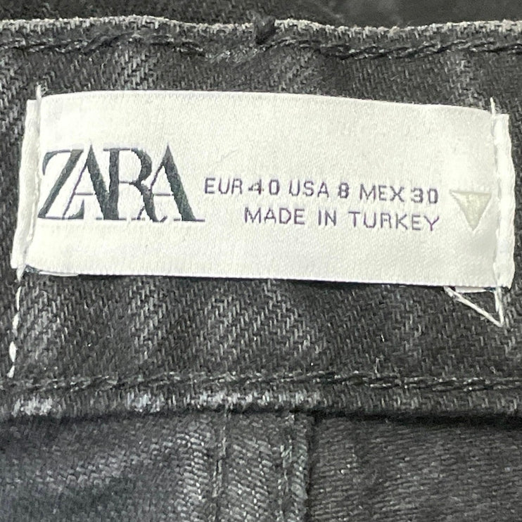 Zara Women's Black High Waisted Distressed Wide Leg Baggy Denim Jeans Size 8