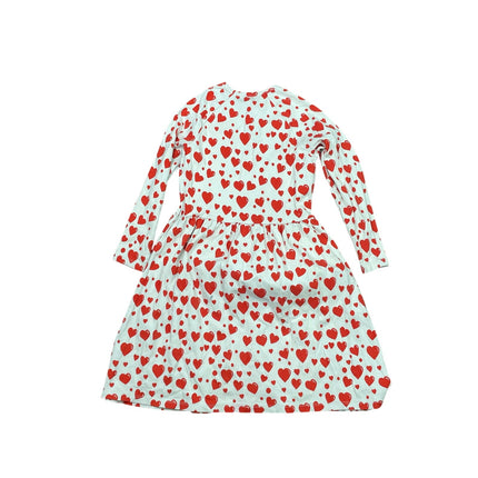 Mini Rodini Kids Girls' White Red Hearts Long Sleeve Mini Flare Dress Sz 9-11YO