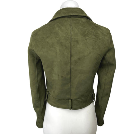 Zara Olive Green Suede Asymmetrical Zip Up Crop Moto Biker Jacket Blazer Coat XS