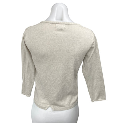 Nice Thing Mini Beige Metallic 3/4 Sleeve Button Crop Cardigan Sweater Top Sz 14