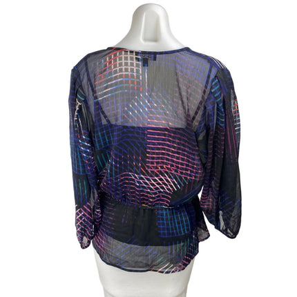 DKNY Blue Multicolor Striped Long Balloon Sleeve Sheer Peplum Wrap Blouse Top S