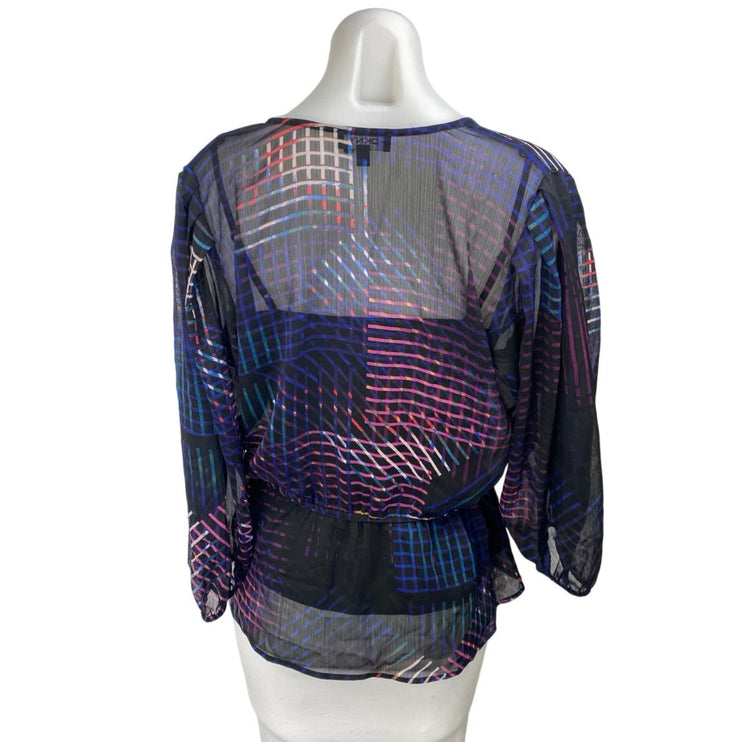 DKNY Blue Multicolor Striped Long Balloon Sleeve Sheer Peplum Wrap Blouse Top S