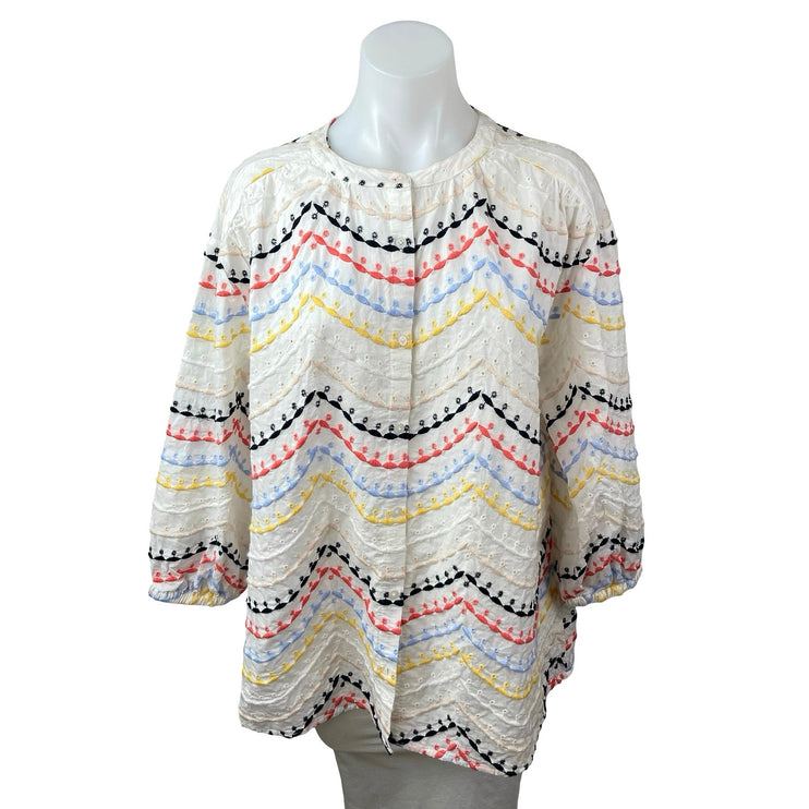 Women's White Striped Embroidered Long Sleeve Button Down Shirt Blouse Top Sz S
