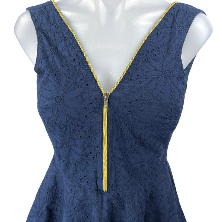 Ark & Co Navy Blue Yellow Zip Up Floral Embroidered Pleated Mini A Line Dress S