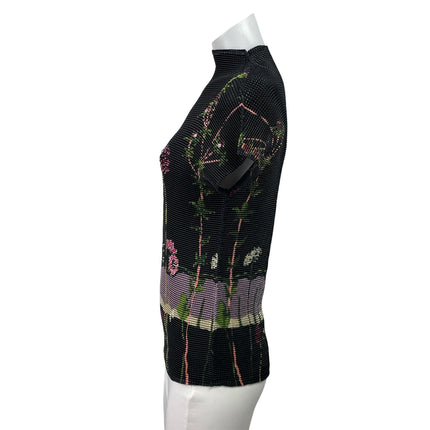 J.T.B. Black Floral Beaded Embellished Short Sleeve Mock Neck Blouse Top Size M