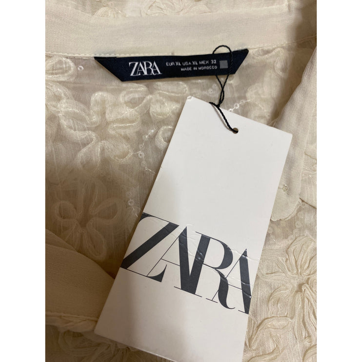 NEW Zara White Textured Floral Chiffon Long Sleeve Button Down Shirt Blouse XL