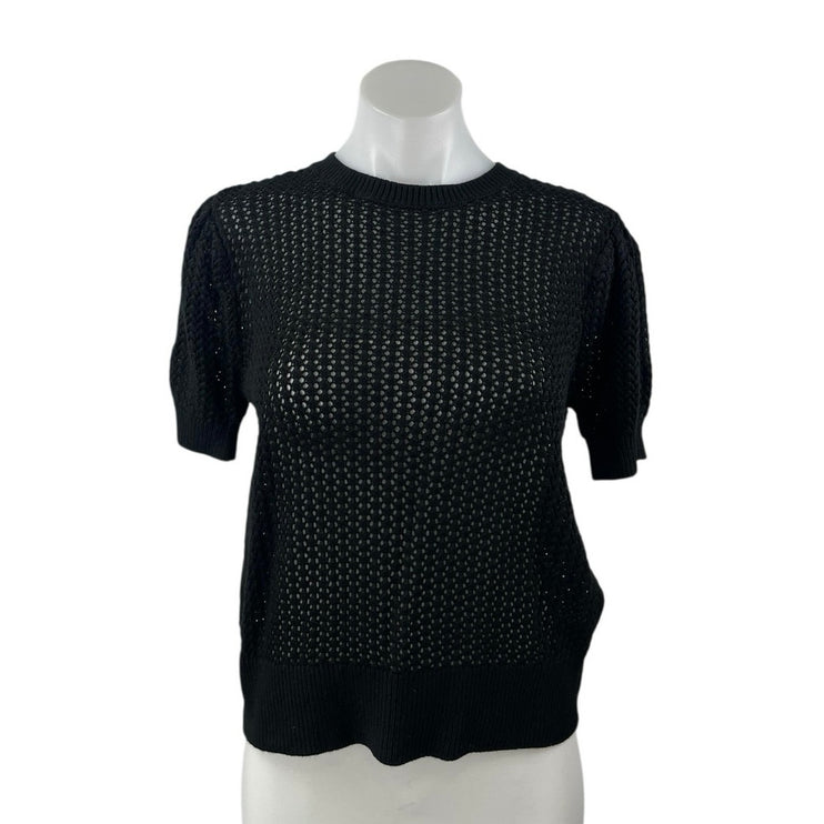 NEW Muse Black Crochet Knit Crewneck Short Puff Sleeve Crop Sweater Top Size M