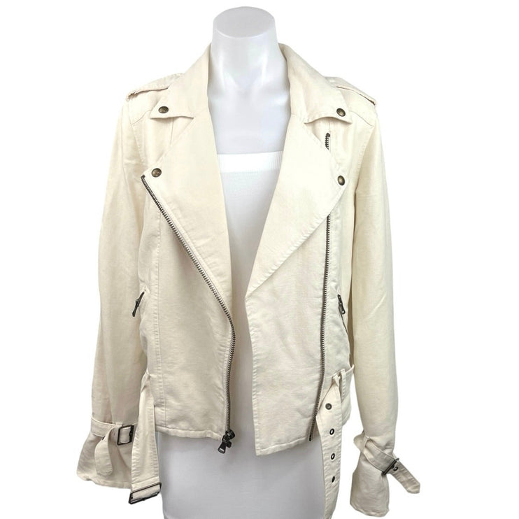 Paige Rhonda White Asymmetric Zip Front Long Sleeve Belted Moto Jacket Size S