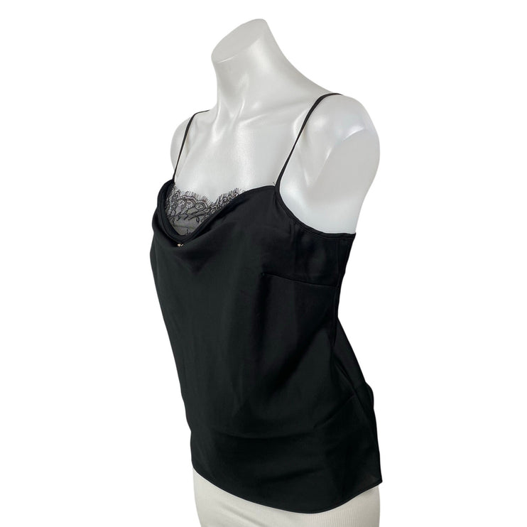 Lulus Women's Black Silky Satin Lace Trim Cowl Neck Sleeveless Cami Tank Top XL