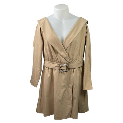 PrettyLittleThing Tan Camel Bardot Belt V Neck Long Sleeve Mini Shift Dress 16