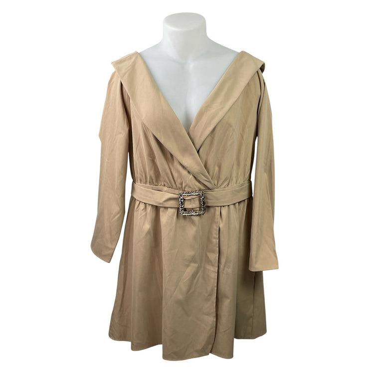 PrettyLittleThing Tan Camel Bardot Belt V Neck Long Sleeve Mini Shift Dress 16