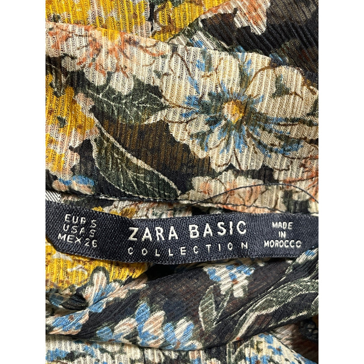 Zara Yellow Floral Ruffled 3/4 Sleeve High Neck Babydoll Mini Shift Dress Size S