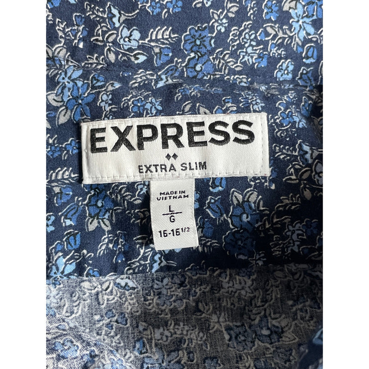 Express Men's Blue Floral Long Sleeve Casual Career Button Down Shirt Top Size L
