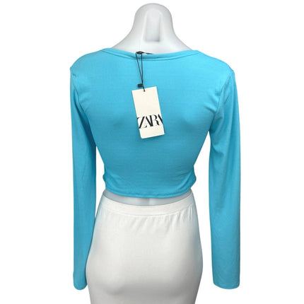 NEW Zara Blue Ribbed Knit Long Sleeve Button Down Crop Cardigan Sweater Top S