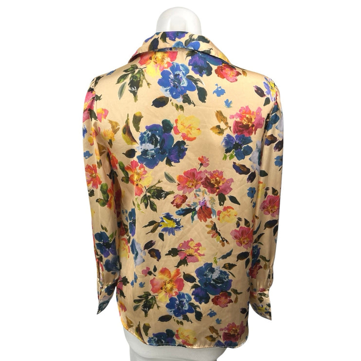 Zara Yellow Multi Floral Silk Satin Long Sleeve Button Down Shirt Top Size M