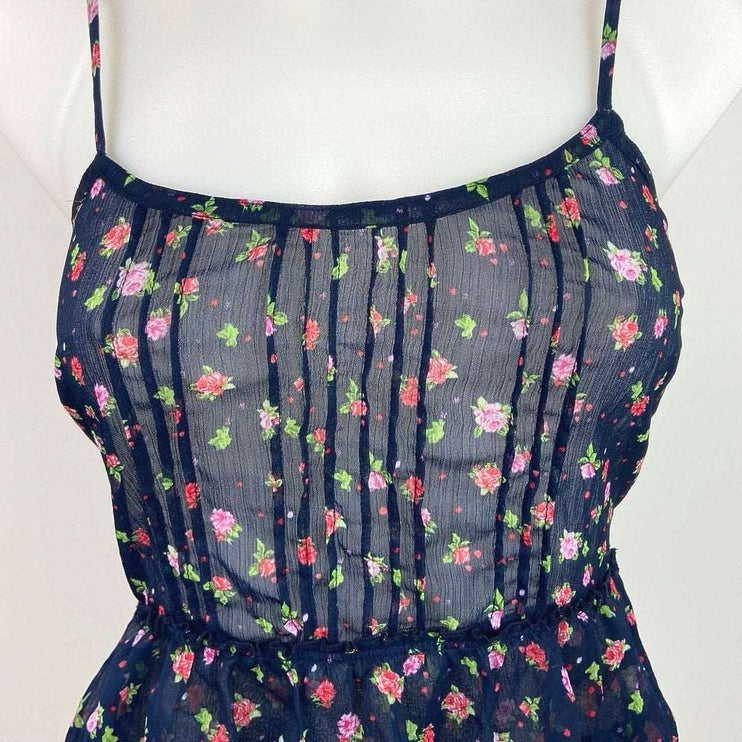Aeropostale Navy Blue Floral Print Spaghetti Strap Peplum Camisole Tank Top Sz S