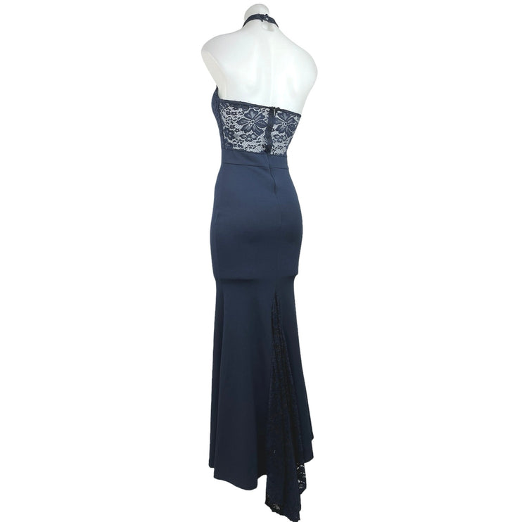 Missguided Navy Blue Lace Halter Sleeveless Fishtail Maxi Bridesmaid Dress Sz 2