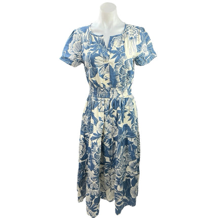 Cynthia Rowley Blue White Floral Tropical Smocked Tiered A Line Maxi Dress Sz S