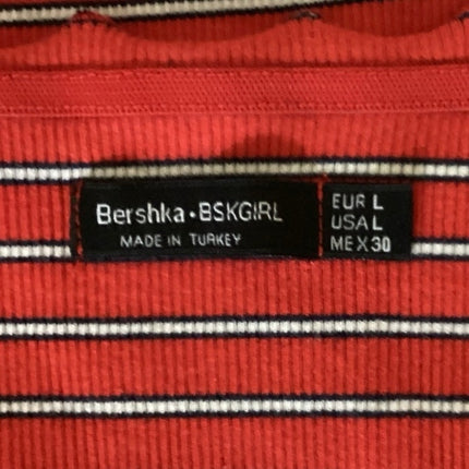 Bershka Red Striped Off The Shoulder Lettuce Edge Long Sleeve Knit Top Size L