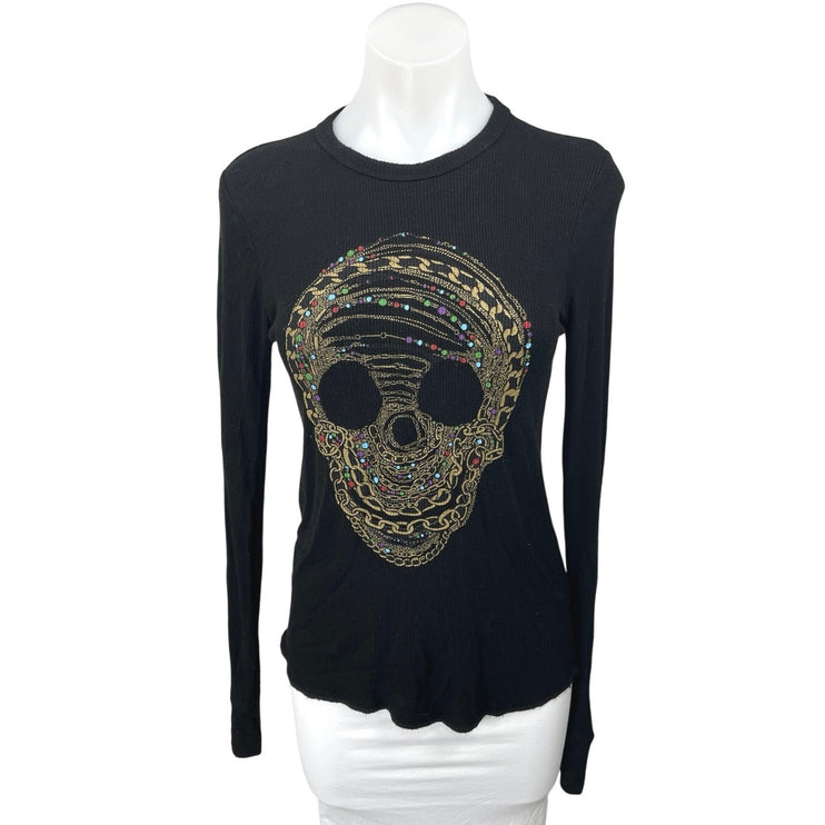 Lauren Moshi Women's Black Skull Print Knit Long Sleeve Crewneck Top Size 30