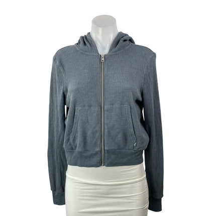 Aritzia TNA Blue Waffle Knit Thermal Full Zip Cropped Hoodie Hooded Sweatshirt S