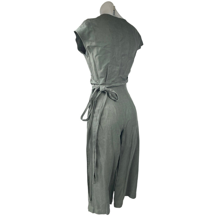 Aritzia Wilfred Gray Linen Short Sleeve Wide Leg Crop Wrap Tie Romper Jumpsuit 0