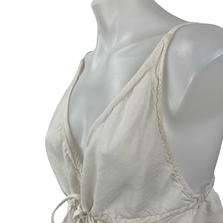 Brandy Melville Women's White Sleeveless V Neck Cami Tie Peplum Crop Top Size OS