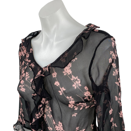 Women's Black Pink Floral Mesh Sheer Ruffle V Neck Half Sleeve Blouse Top Size S