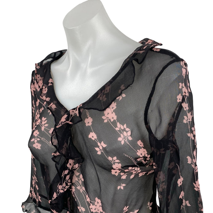 Women's Black Pink Floral Mesh Sheer Ruffle V Neck Half Sleeve Blouse Top Size S