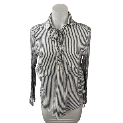 The Kooples Black White Striped Collared Tie Neck Long Sleeve Shirt Blouse Top 3