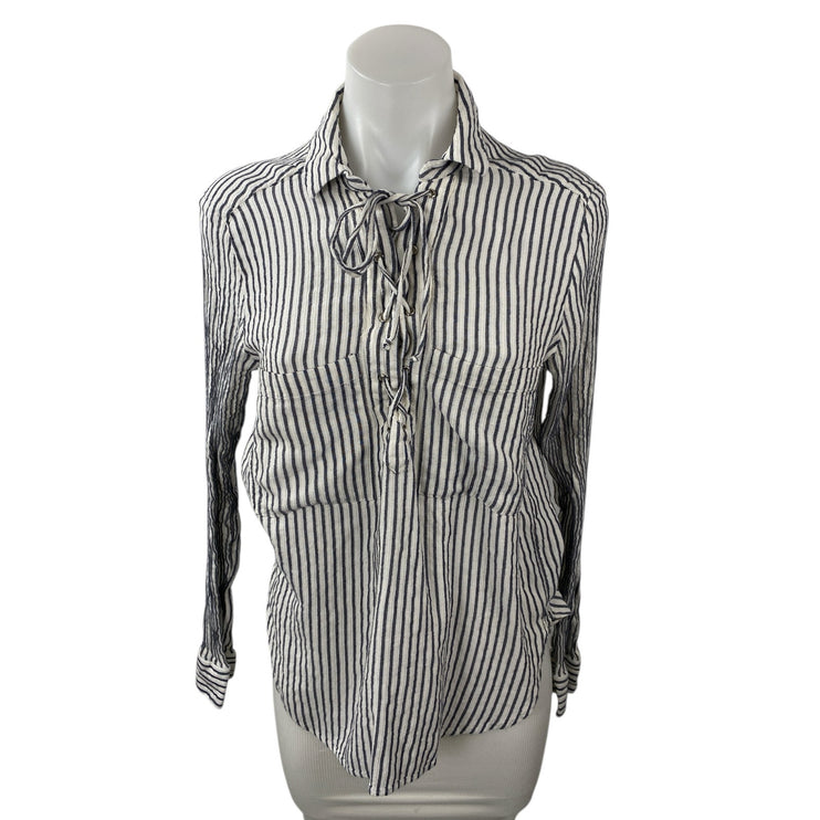 The Kooples Black White Striped Collared Tie Neck Long Sleeve Shirt Blouse Top 3